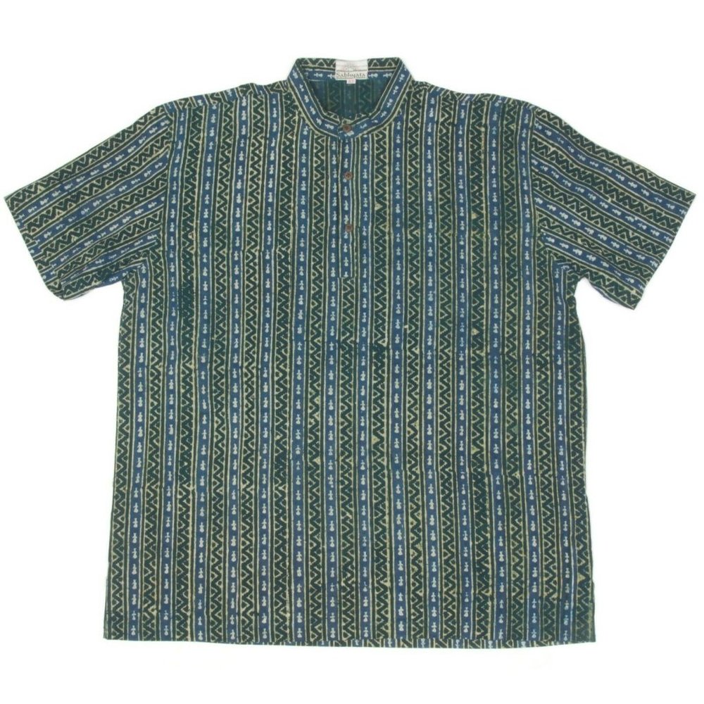 SABHYATA INDIAN BLOCK PRINT MENS SHIRT Blue Short Sleeve size 42 - 532